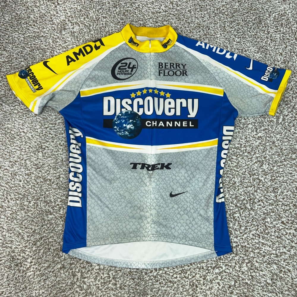 Discovery Channel Cycling Jersey Mens Large Blue Yellow Nike Dri FIT Trek AMD